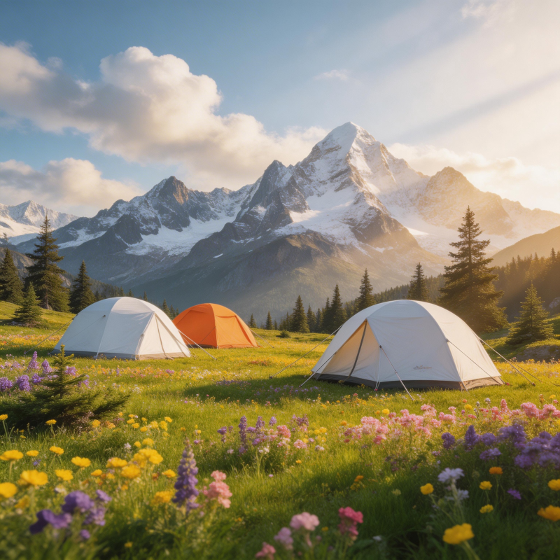 雪山花海露营图片