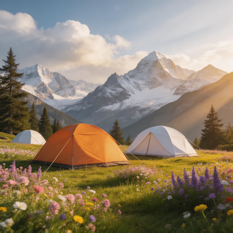 雪山花海露营图片