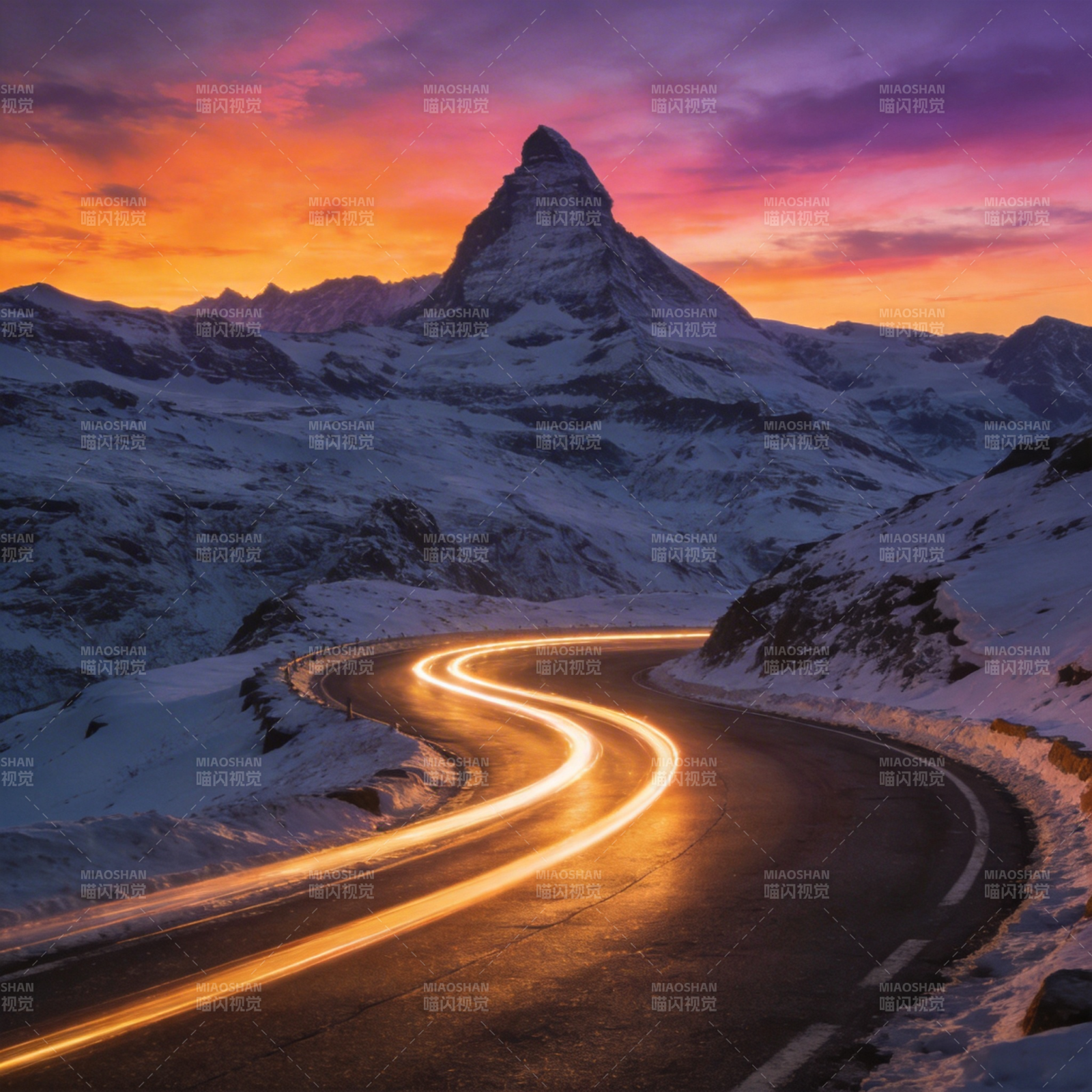 雪山日落公路图片