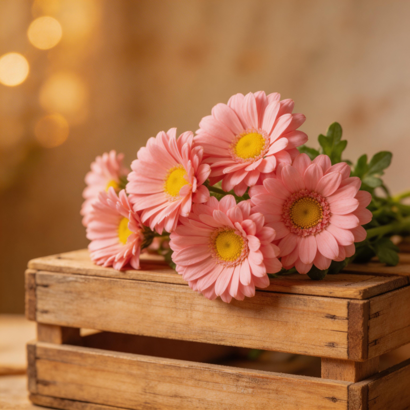 粉菊木箱静谧美图片