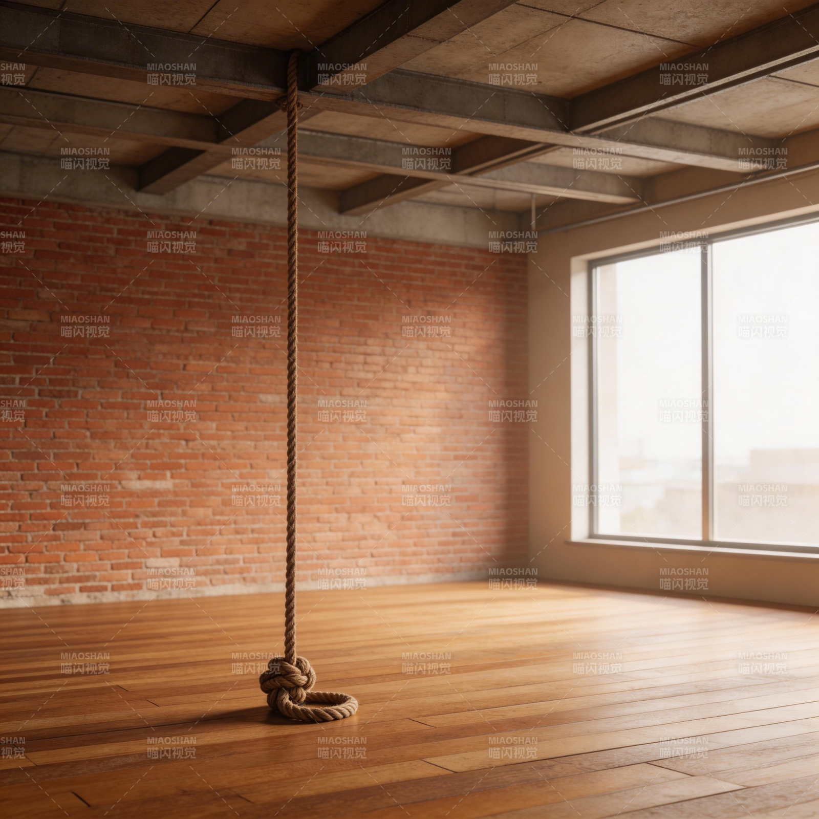 绳结悬于空旷室图片