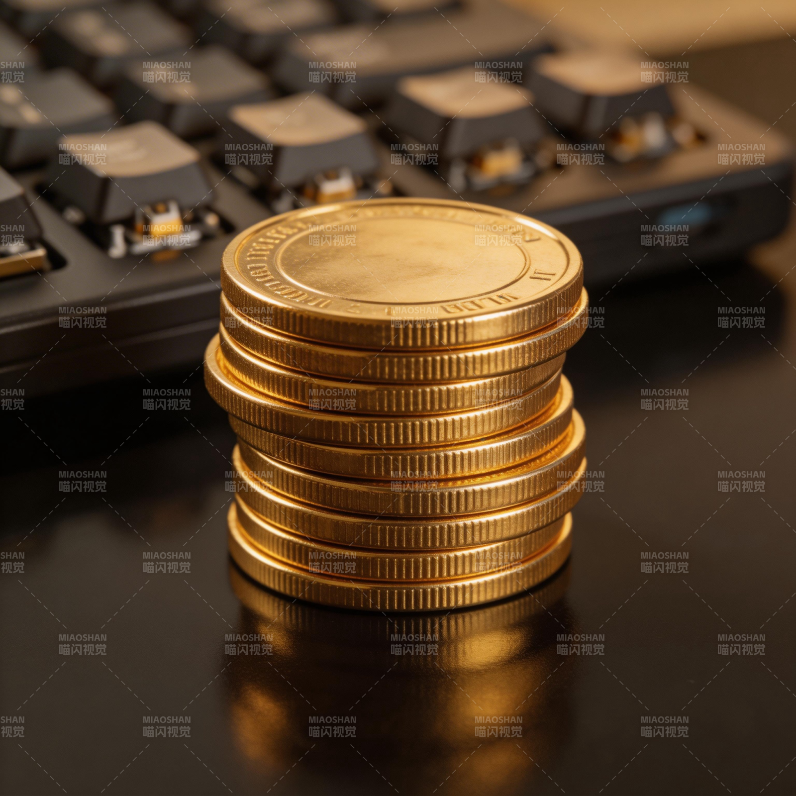 金币堆叠键盘前图片