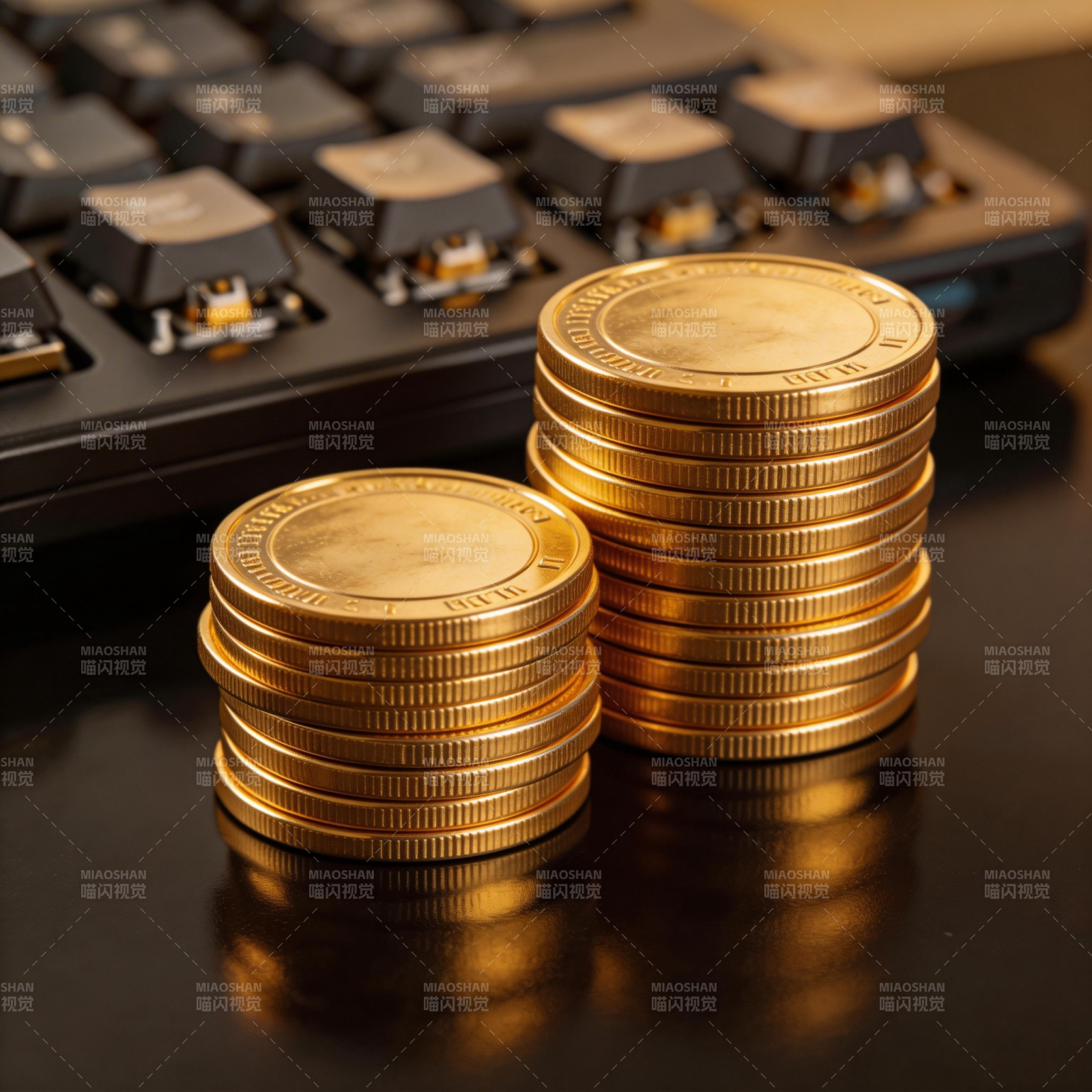 金币堆叠键盘旁图片