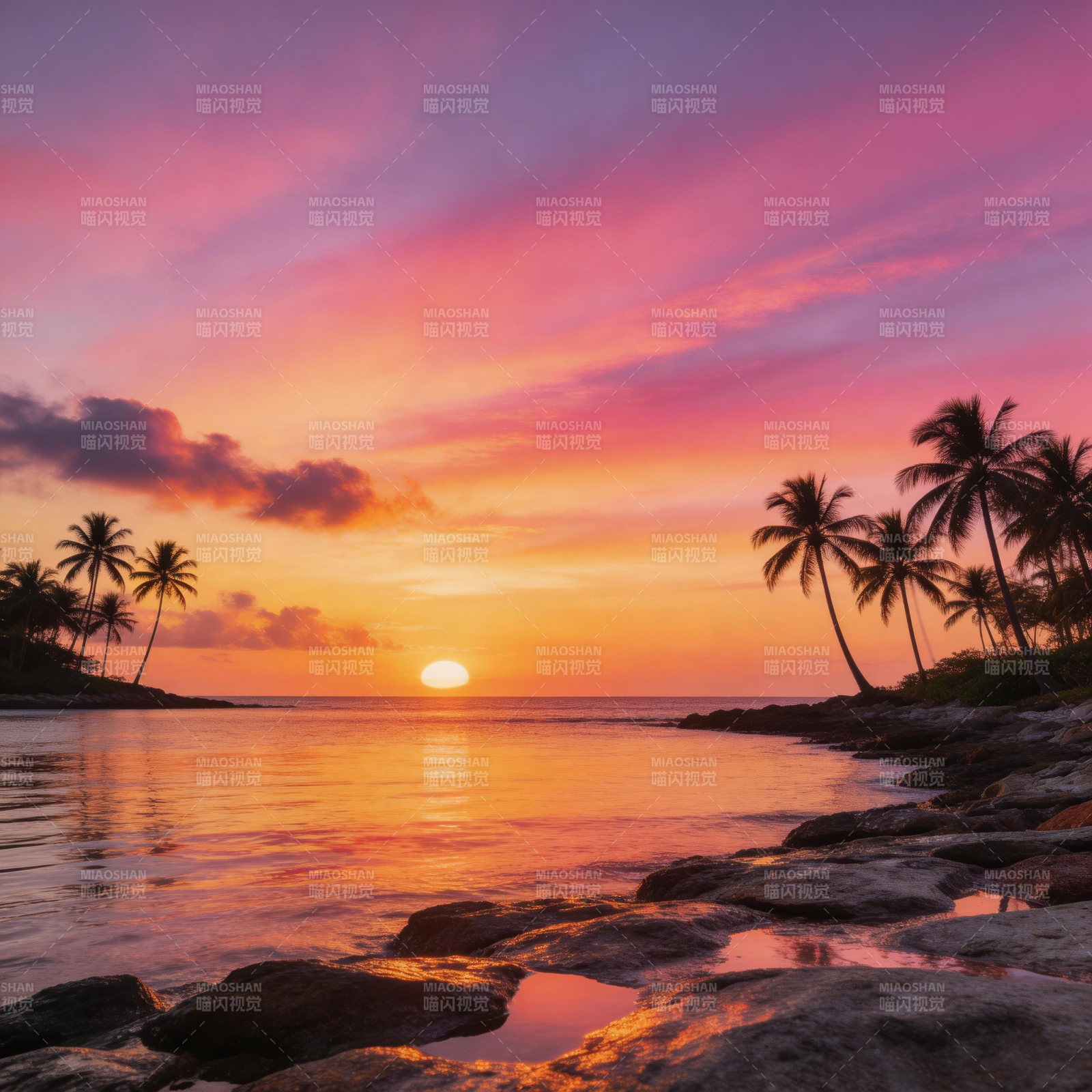 夕阳椰影海景图片