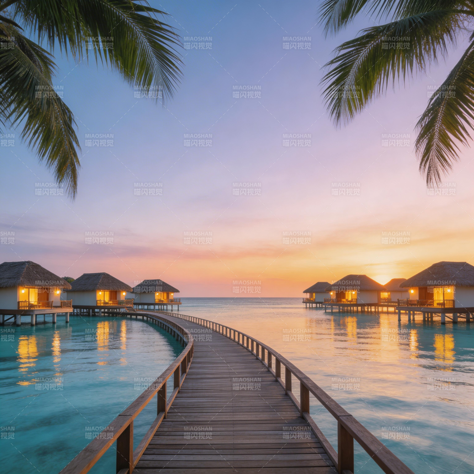 海上日落小屋图片