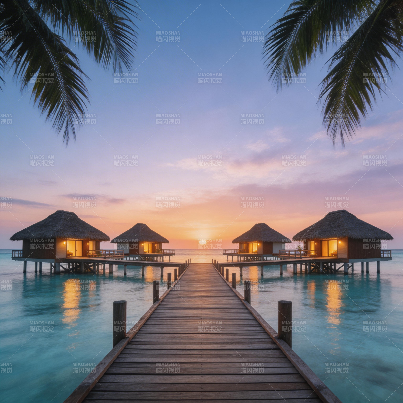 水上屋夕阳美景图片