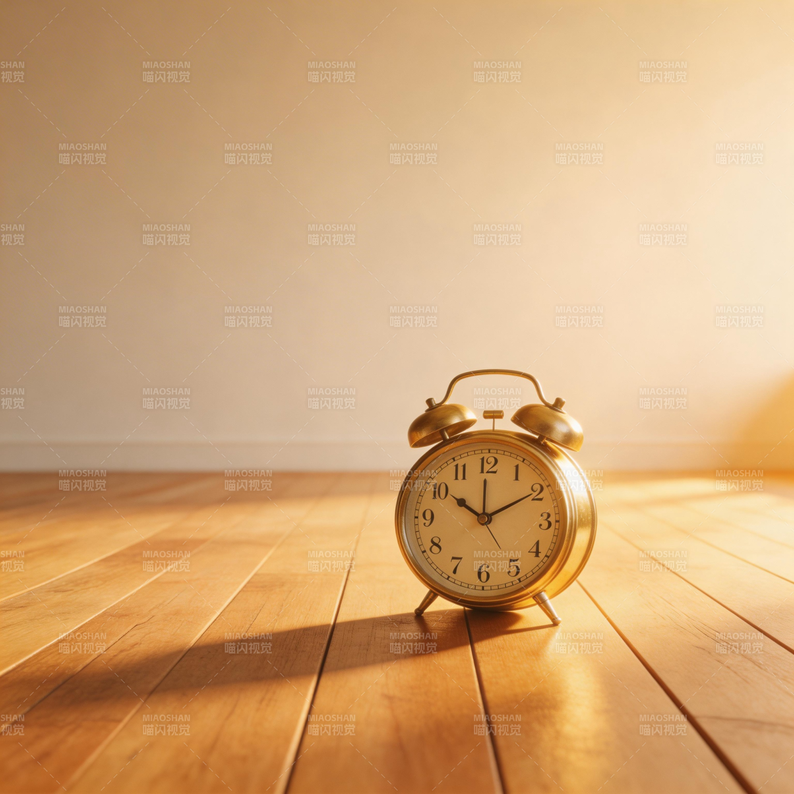 金色闹钟静置木地图片