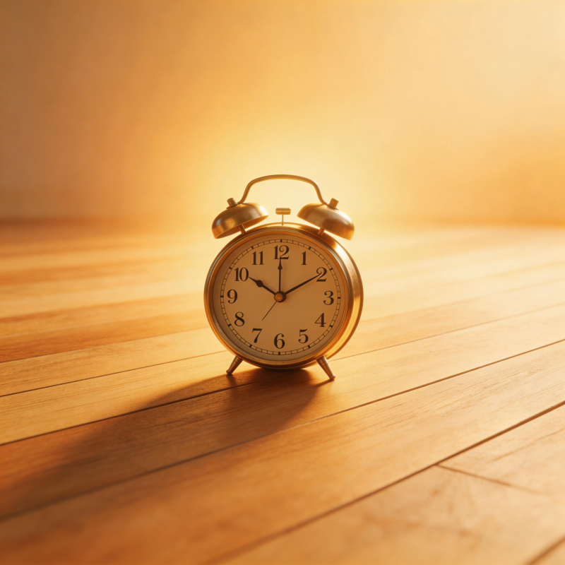 金色闹钟静置木桌图片