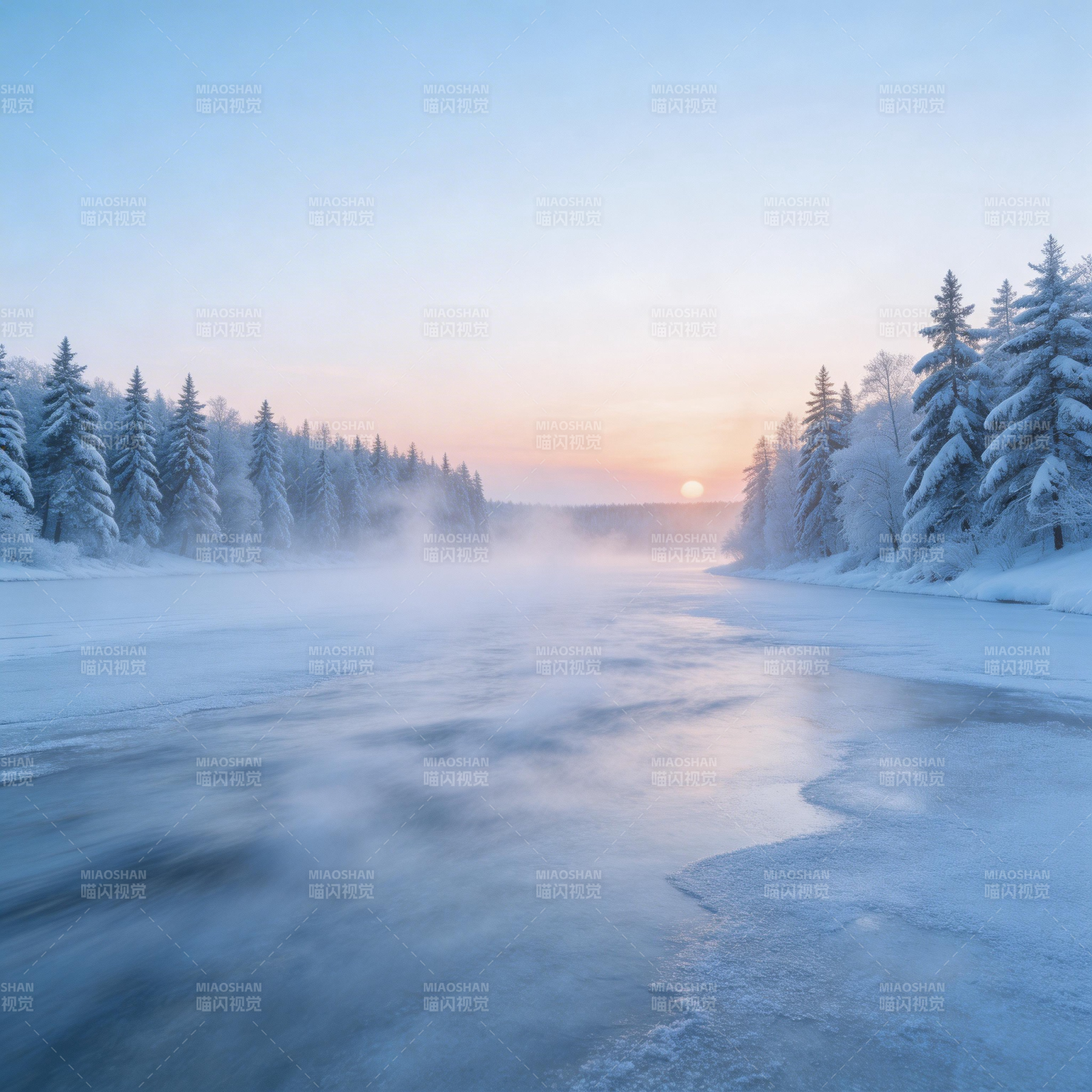 冬晨雪湖日出图片