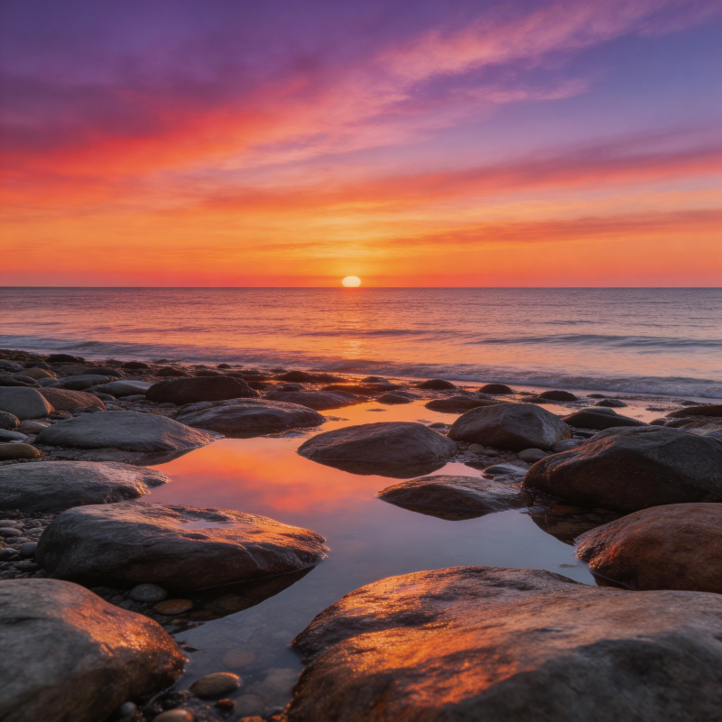 夕阳映石滩图片
