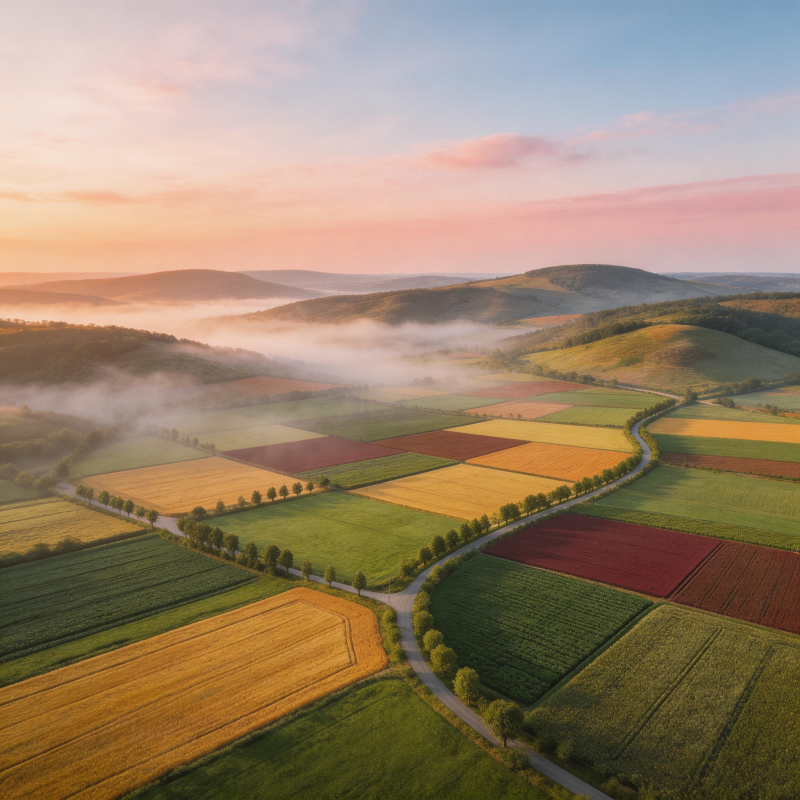 晨雾田园画卷图片