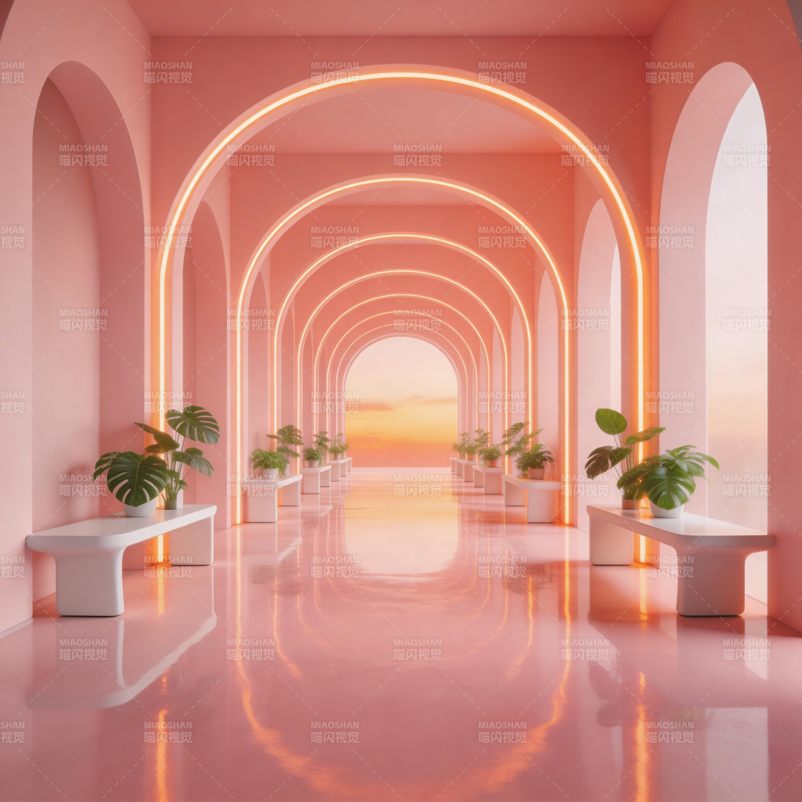 粉色拱廊光影走廊图片