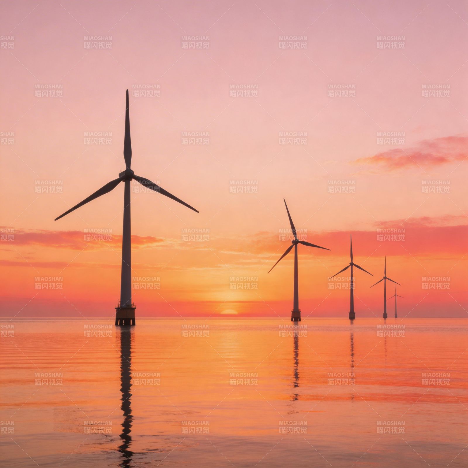 海上风车日落图片
