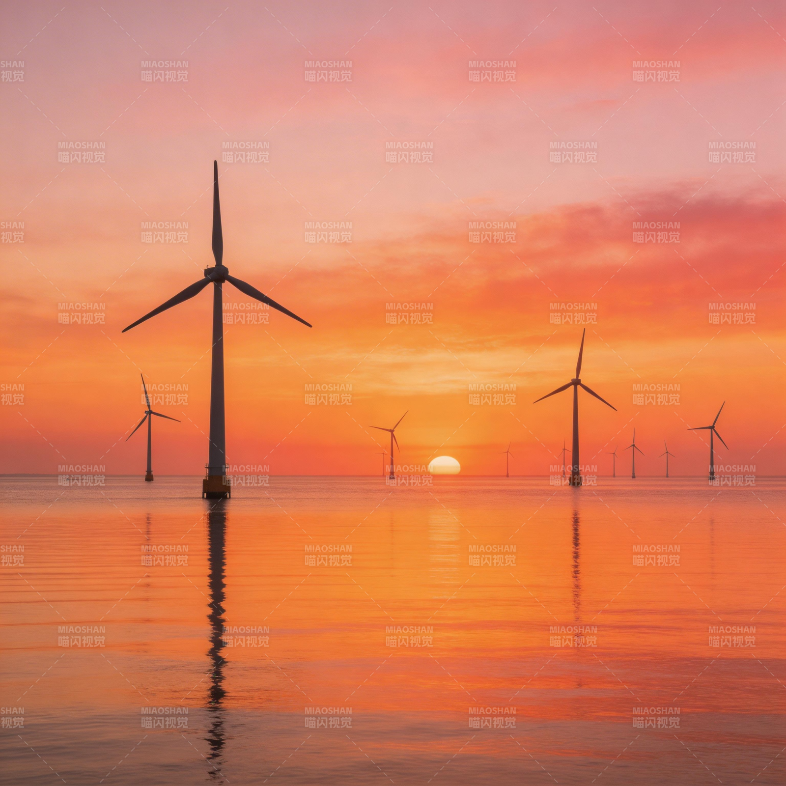 海上风车日落图片