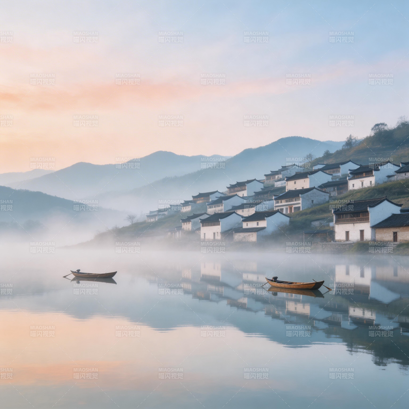 晨雾中的水乡村落图片