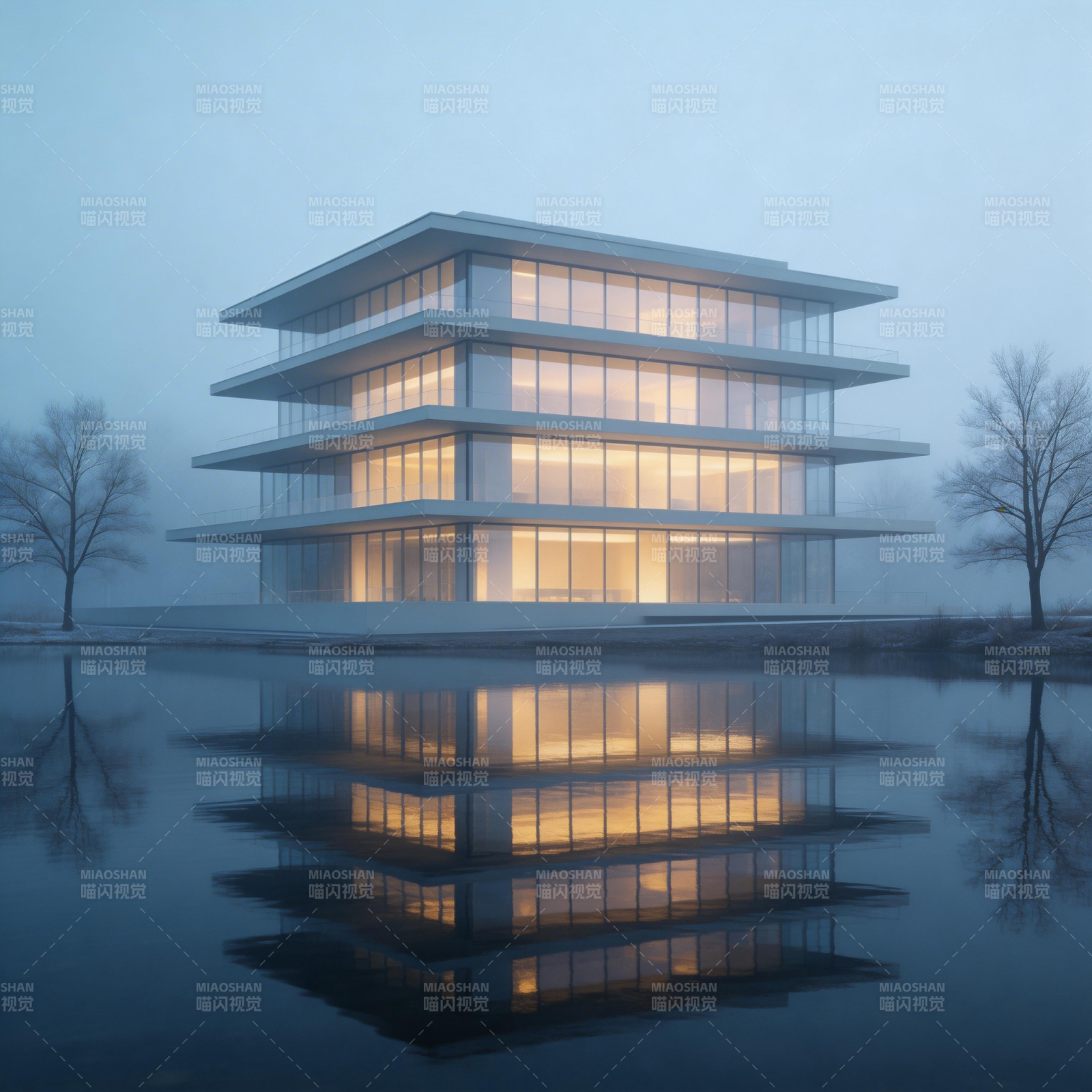 湖畔现代建筑夜景图片