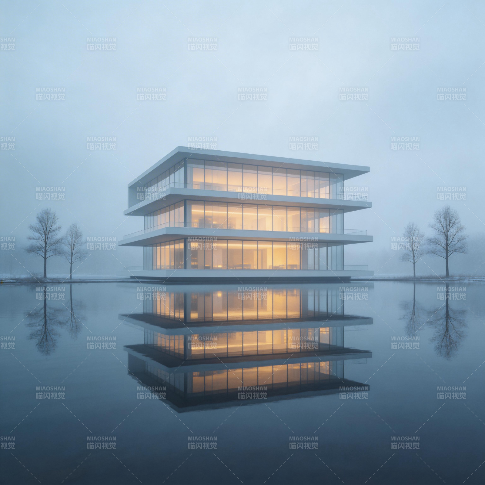 湖畔现代建筑倒影图片