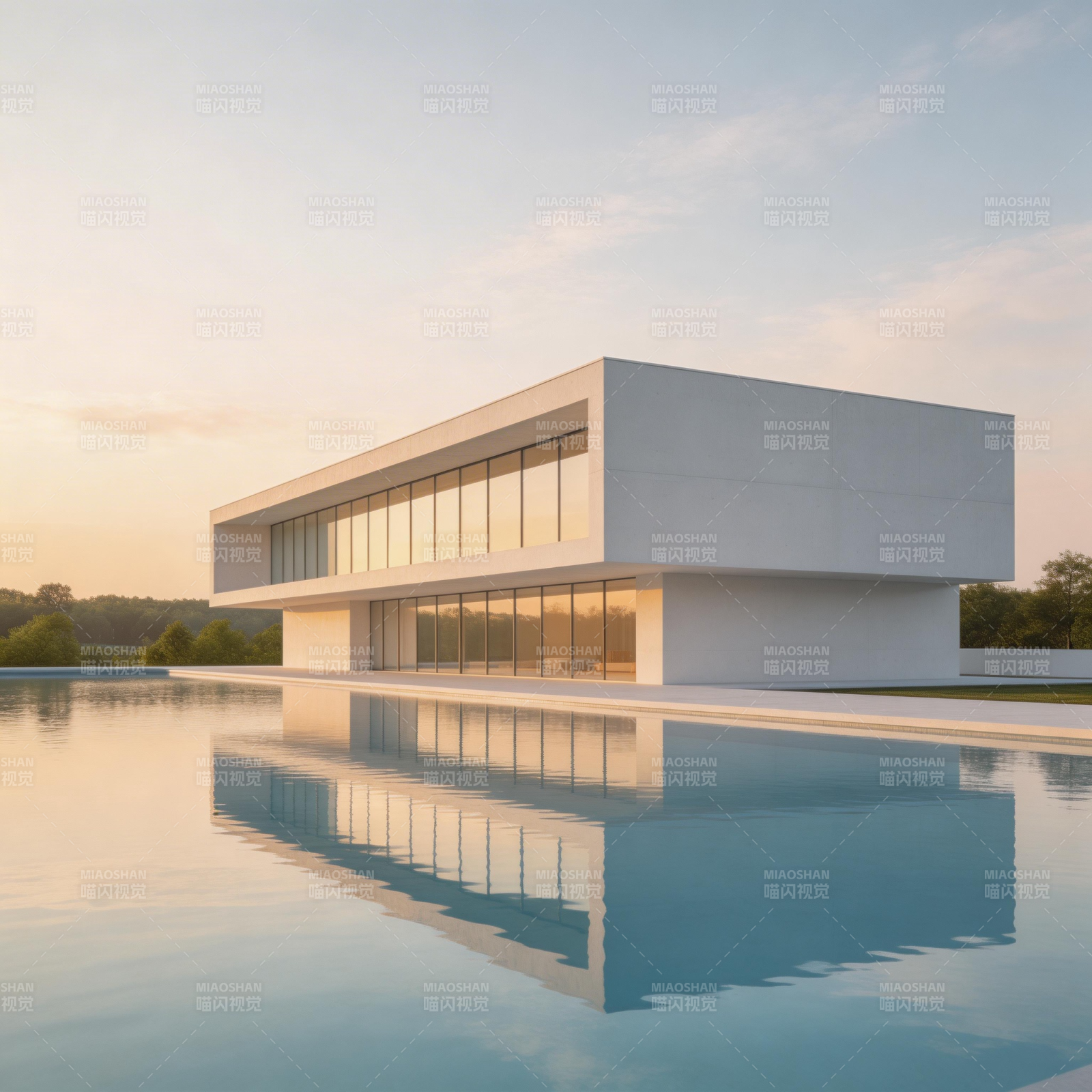 现代建筑倒影湖畔图片