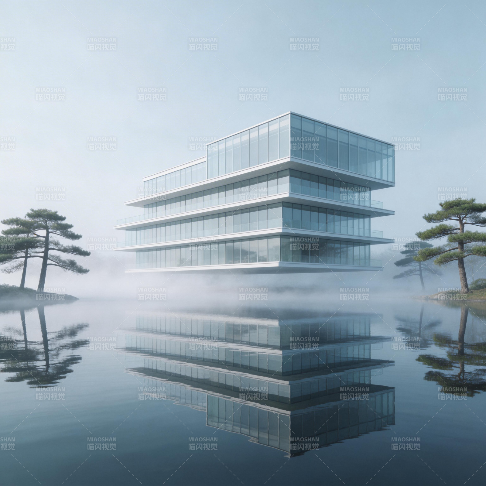 雾中玻璃楼影图片