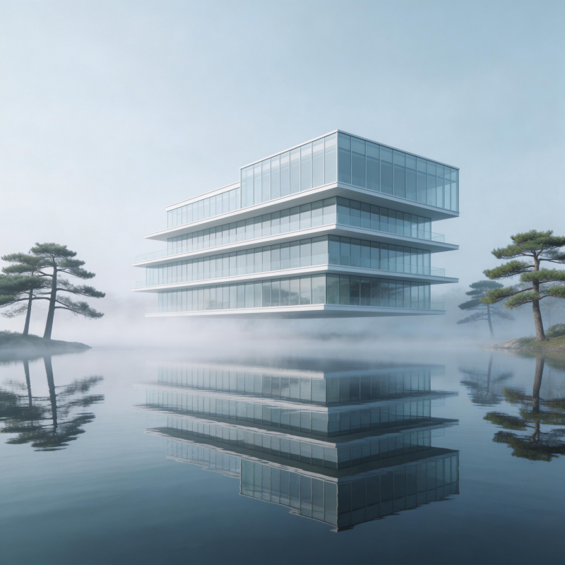 雾中玻璃楼影图片