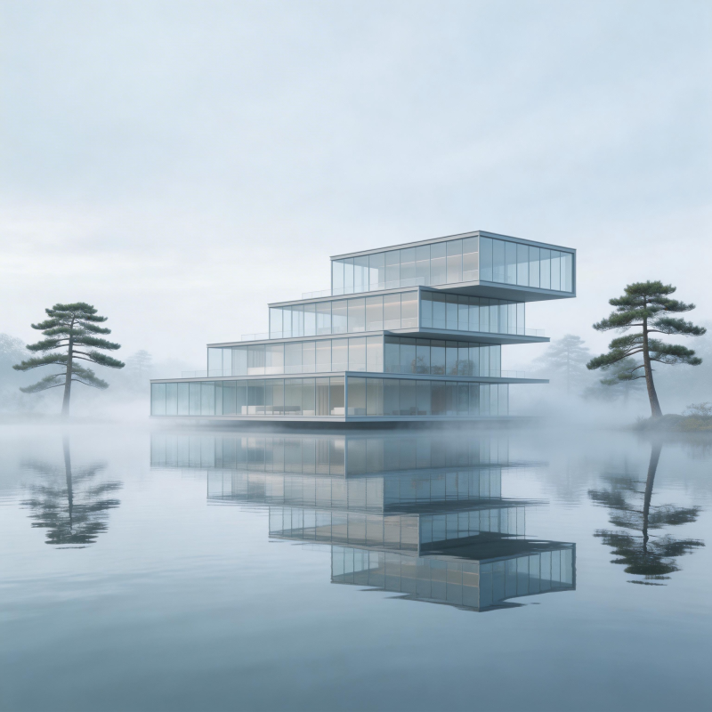 雾中玻璃楼影图片