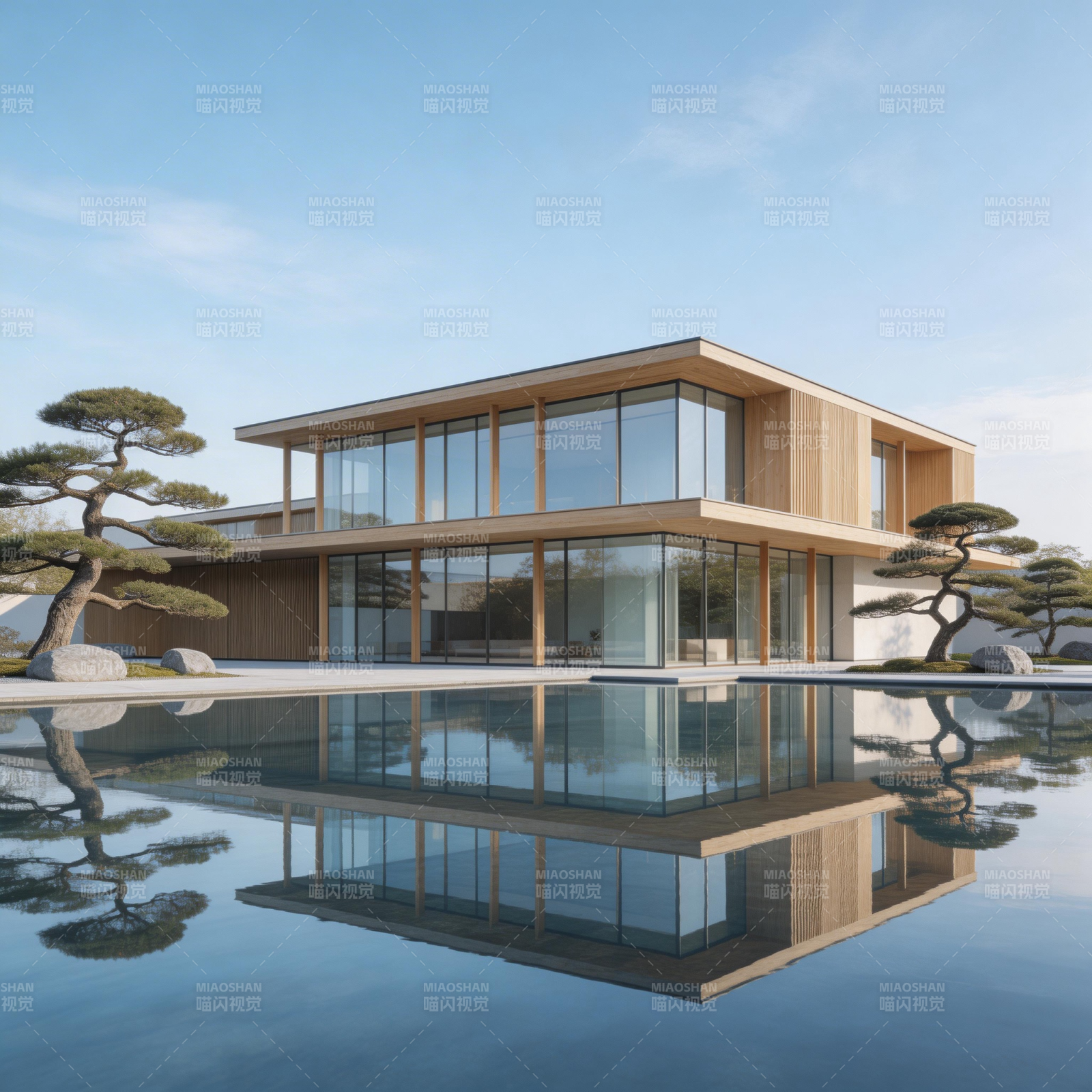 现代木屋水景倒影图片