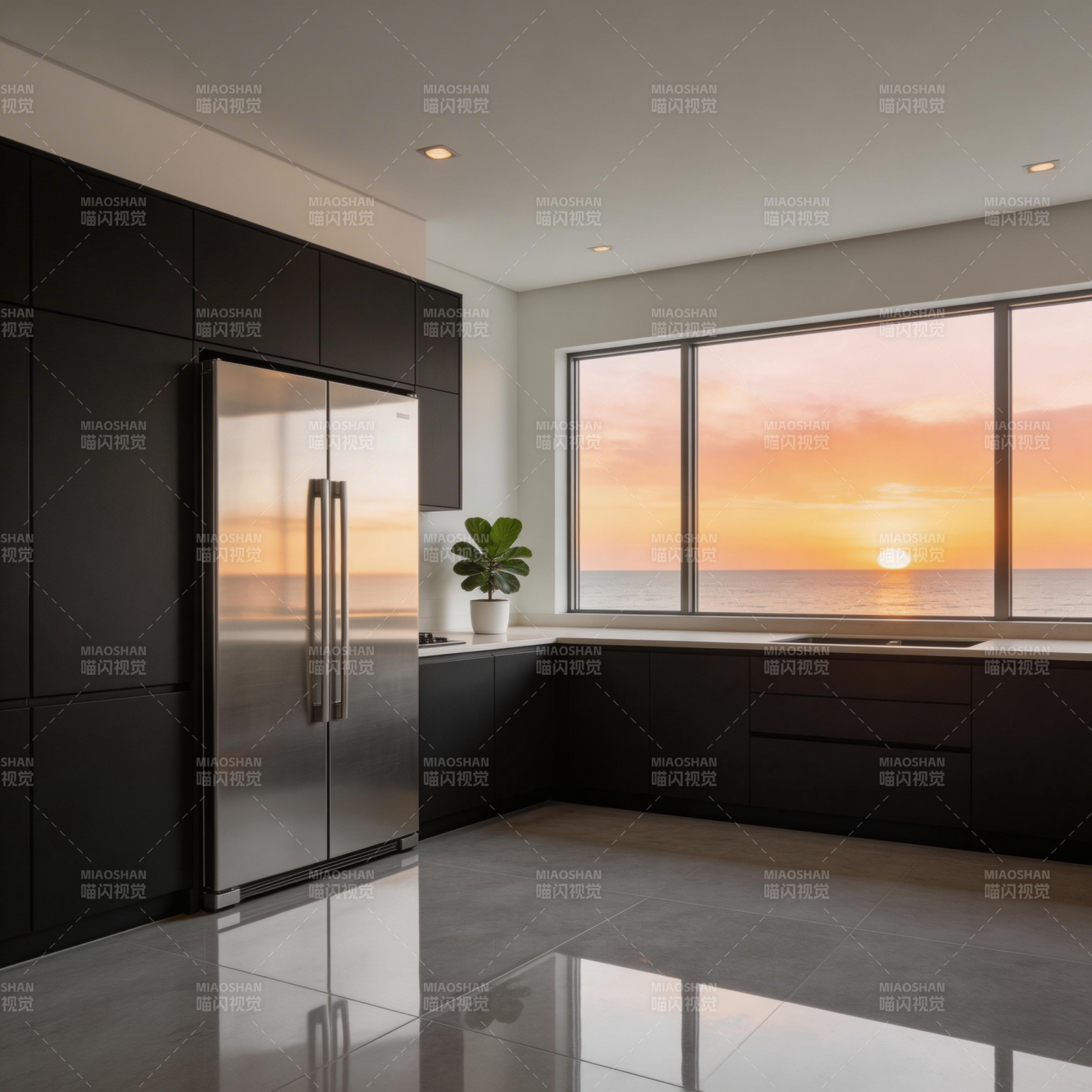 现代厨房日落美景图片