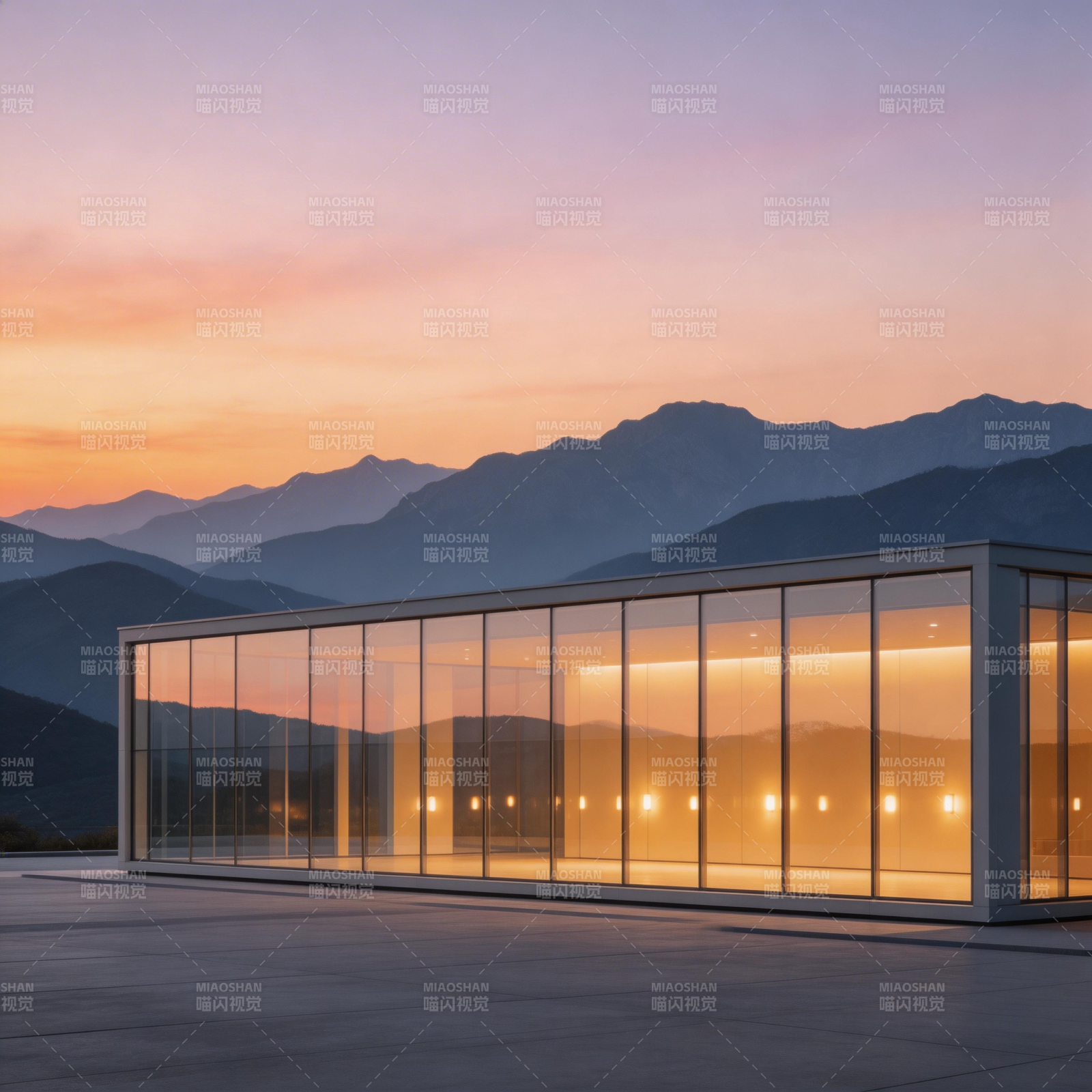 山间玻璃屋日落图片