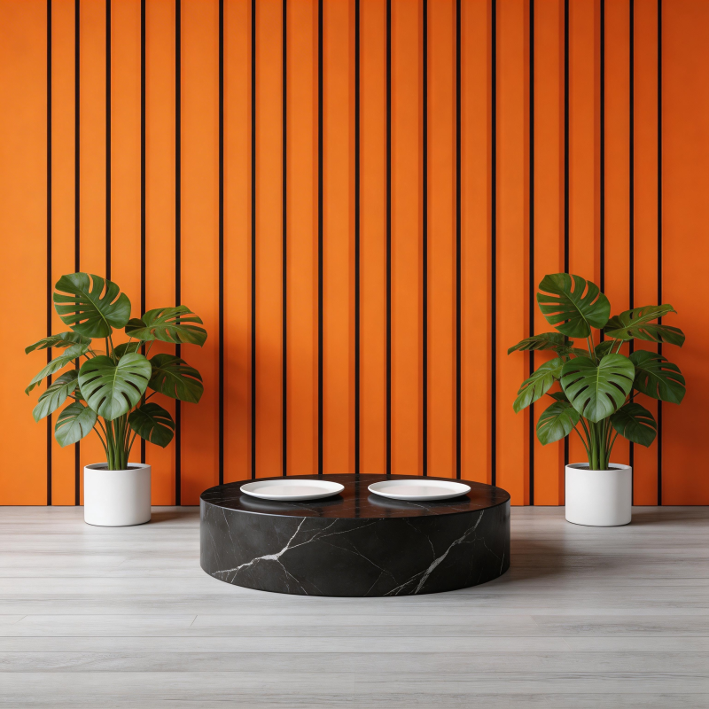 橙墙绿植黑桌景图片