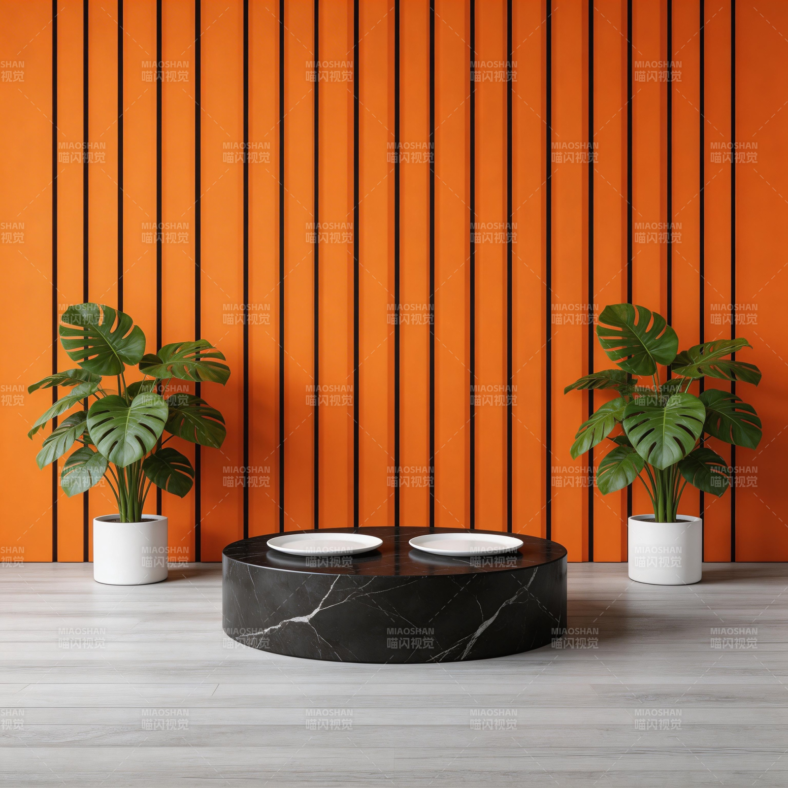 橙墙绿植黑桌景图片