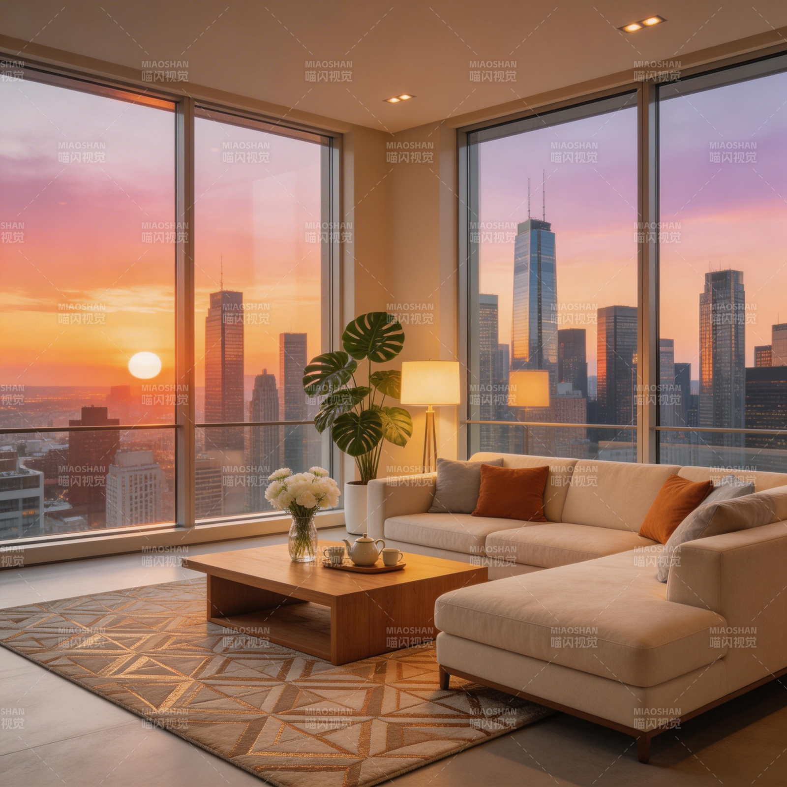 城市日落客厅美景图片
