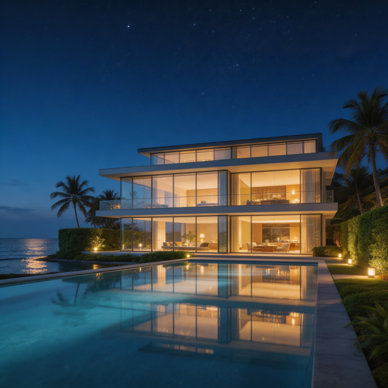 星空下的现代海景别墅图片