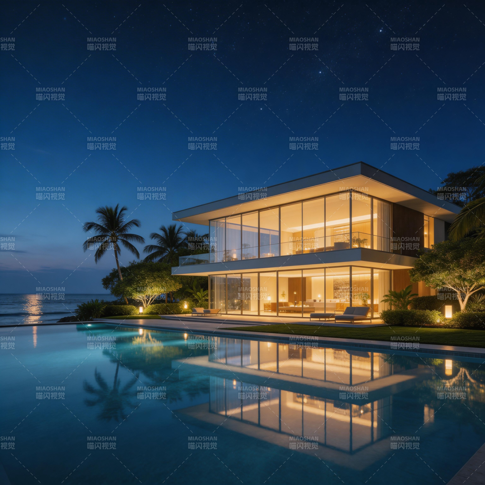 星空下的海滨豪宅图片