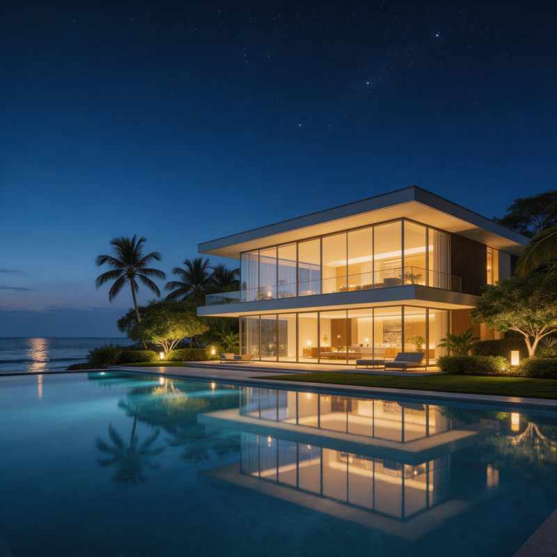 星空下的海滨豪宅图片