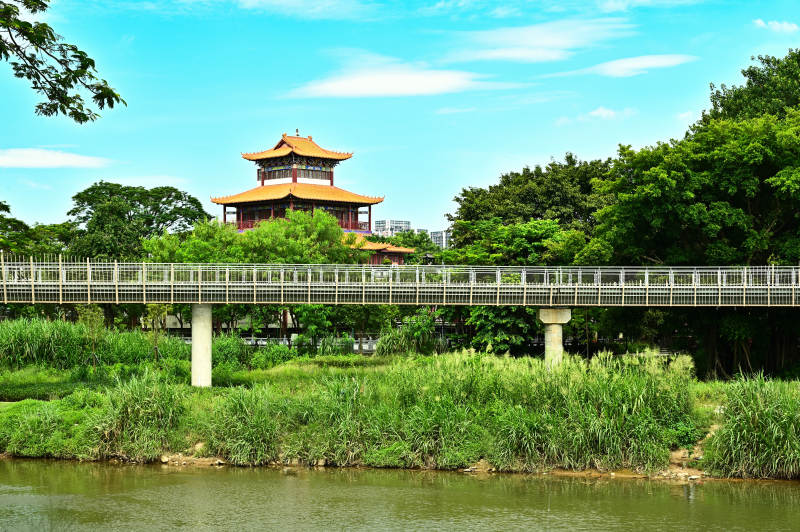 深圳龙园现代天桥与古塔景观图片