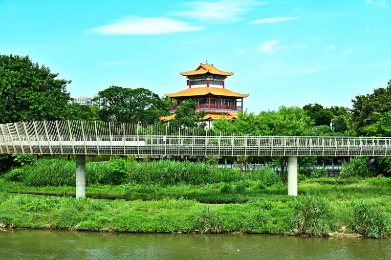 深圳龙园现代天桥与古塔景观图片