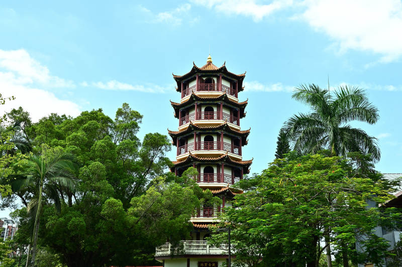 深圳龙园古塔耸立绿树间图片