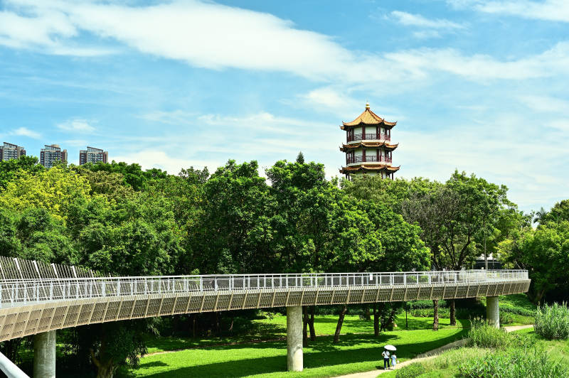 深圳龙园现代天桥与古塔景观图片