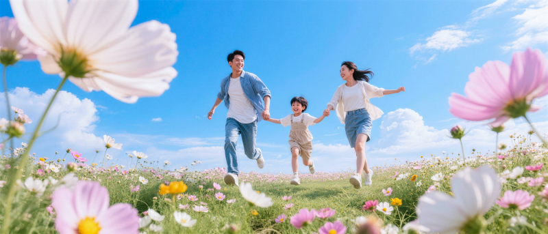 花海欢跑一家三口图片