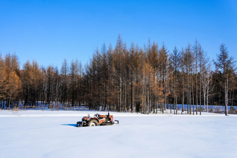 雪地中孤单的拖拉机图片