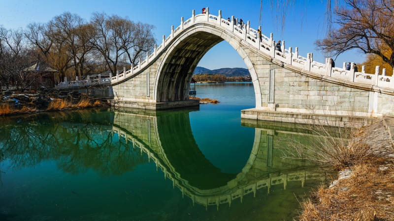 颐和园拱桥倒影湖中图片