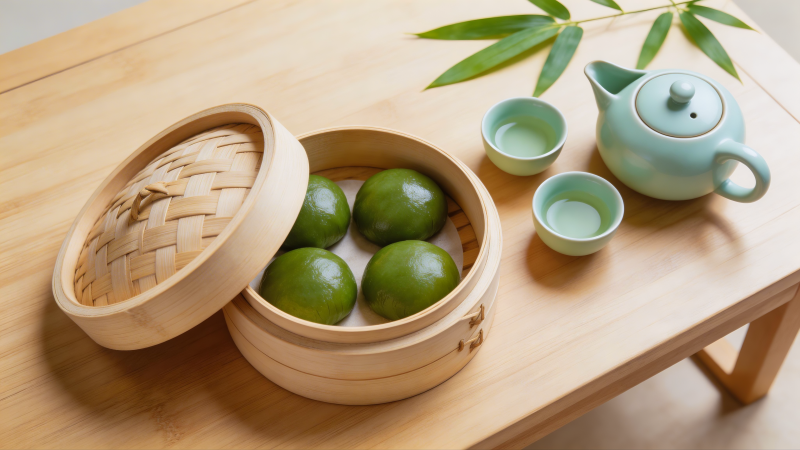 青团茶香竹席上图片