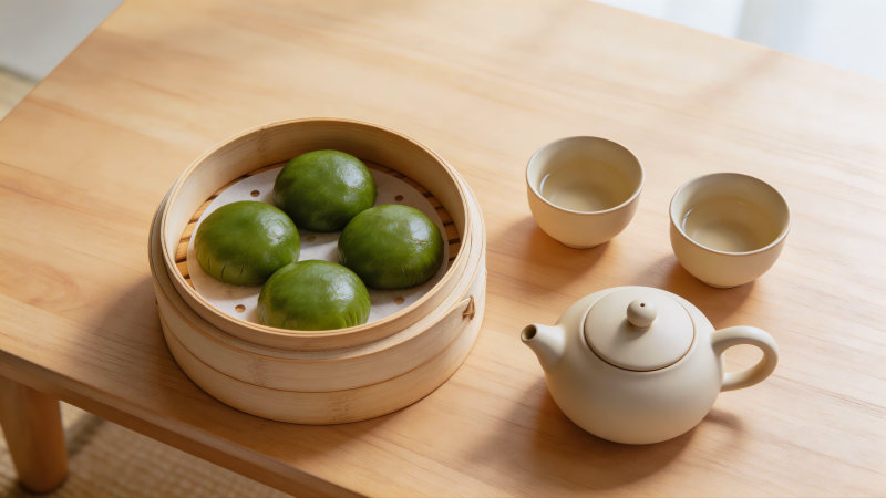 青团与茶具静置木桌图片