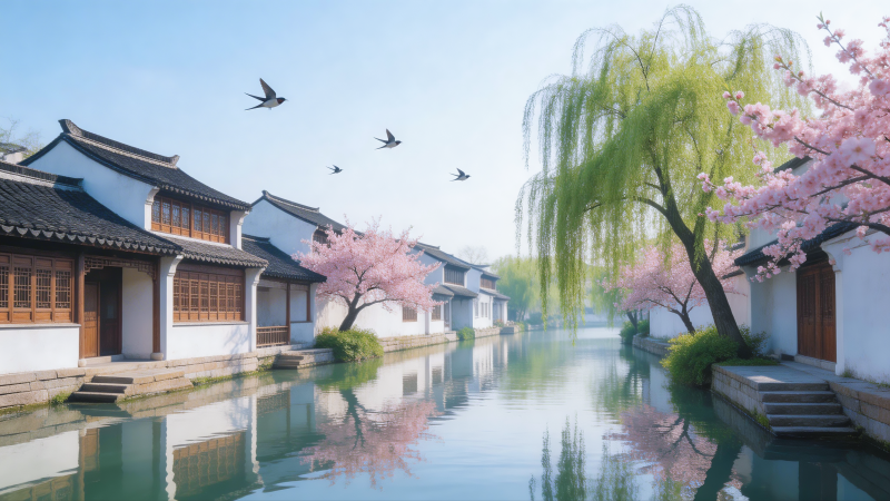 水乡春景 花开两岸图片