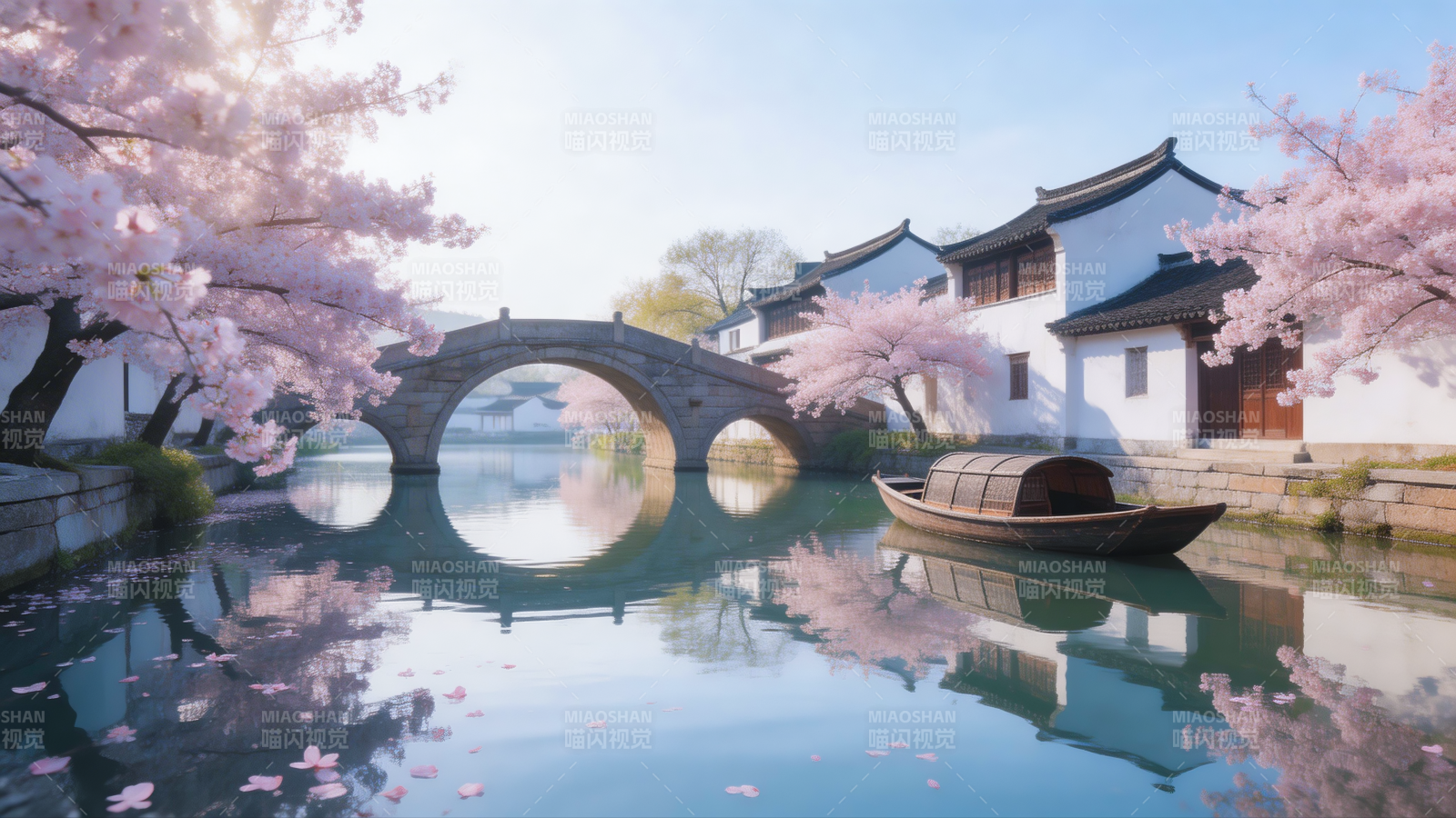 樱花映水古桥静图片