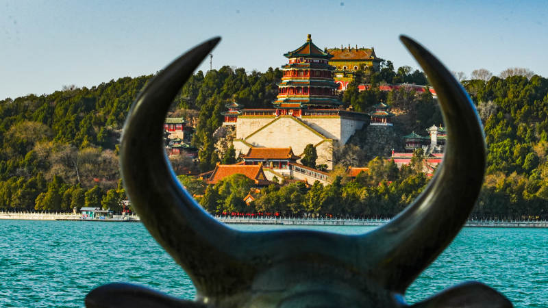 湖畔古塔映青山图片