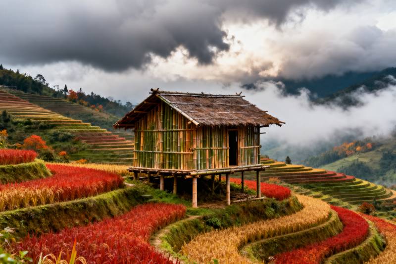 梯田上的竹屋图片