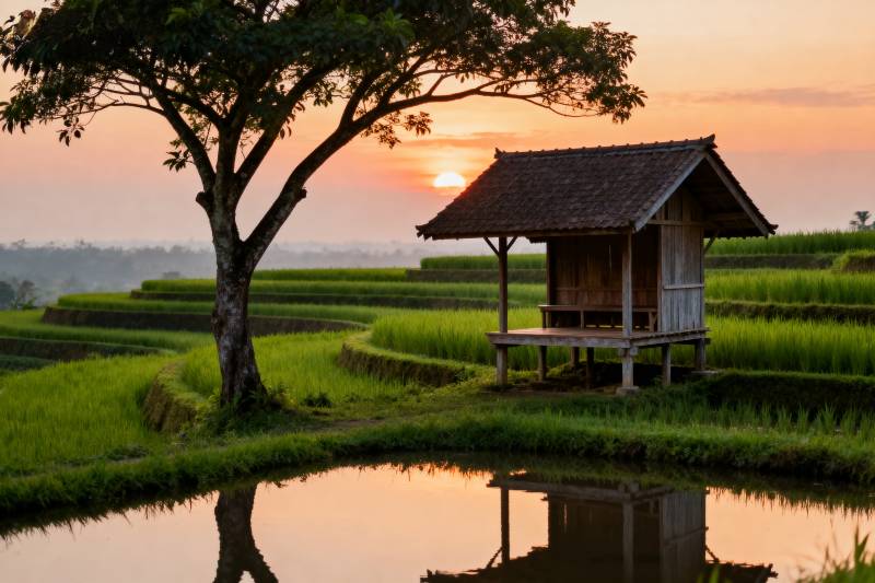 稻田夕照小屋图片