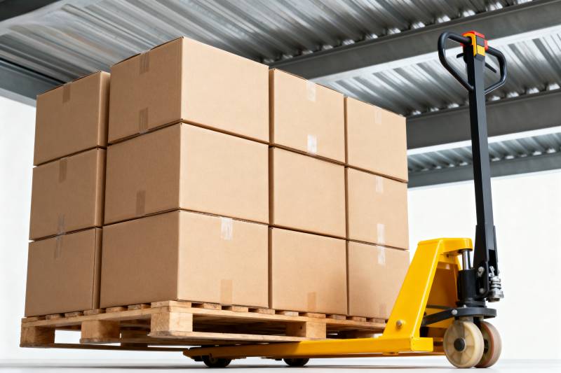 叉车搬运纸箱货物图片