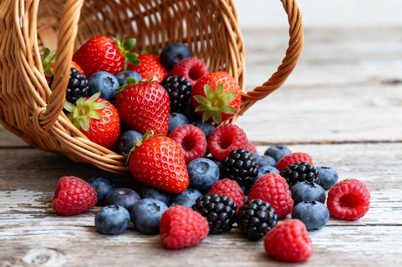 新鲜浆果溢出篮子图片